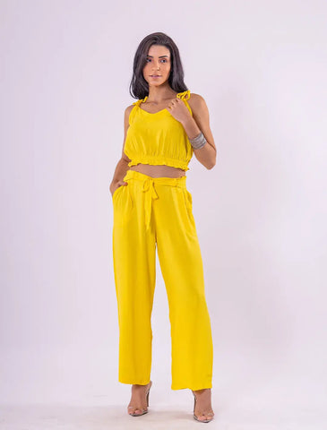 Conjunto Cropped e Calça Charme em Viscolinho - Amarelo